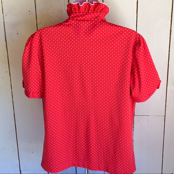 70’s Red Polka Dot Lind Clare Ruffle Tie Blouse - Picture 6 of 9